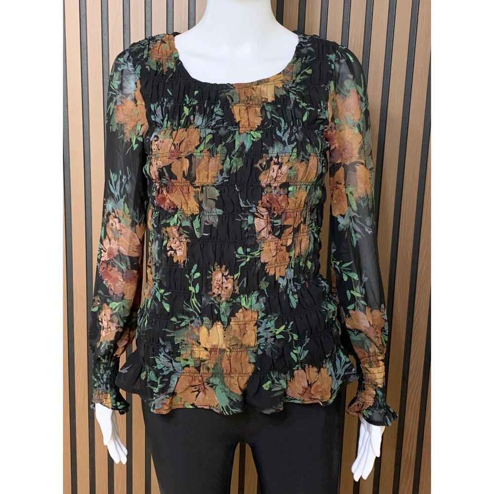 Maurices Women's Floral Smocked Long Sleeve Blouse Black Rust XS Fall Classic